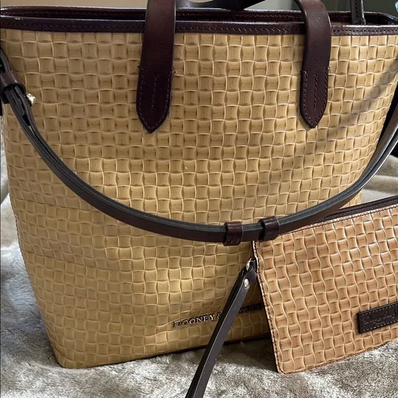Dooney & Bourke Tan Woven Tote with Dark Brown Trim - Picture 1 of 7